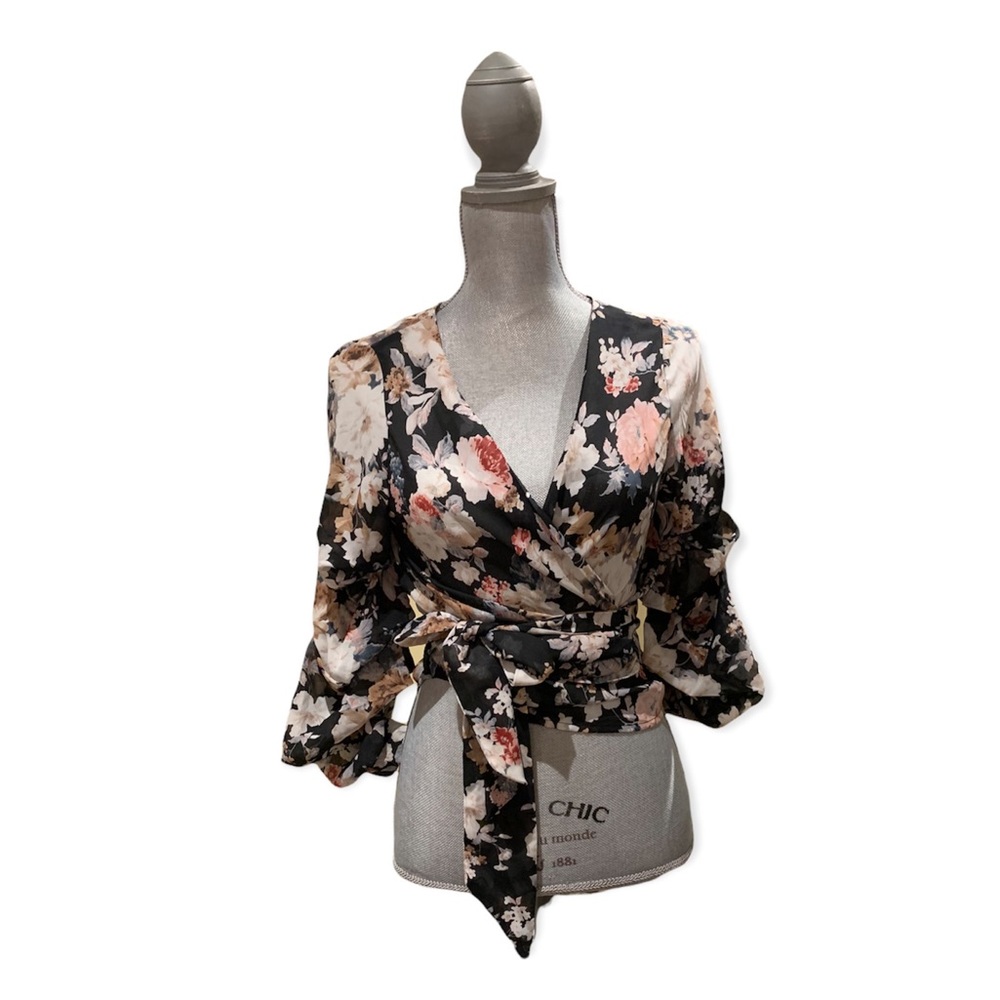 Boohoo Wrap Blouse with Cinched Voluminous Sleeves